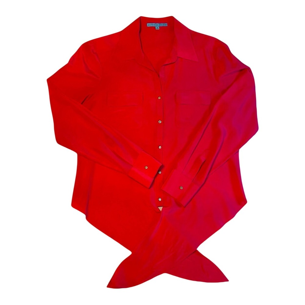 Antonio Melani Red 100% Silk Tie Front‎ Button Down Blouse Shirt Womens Small